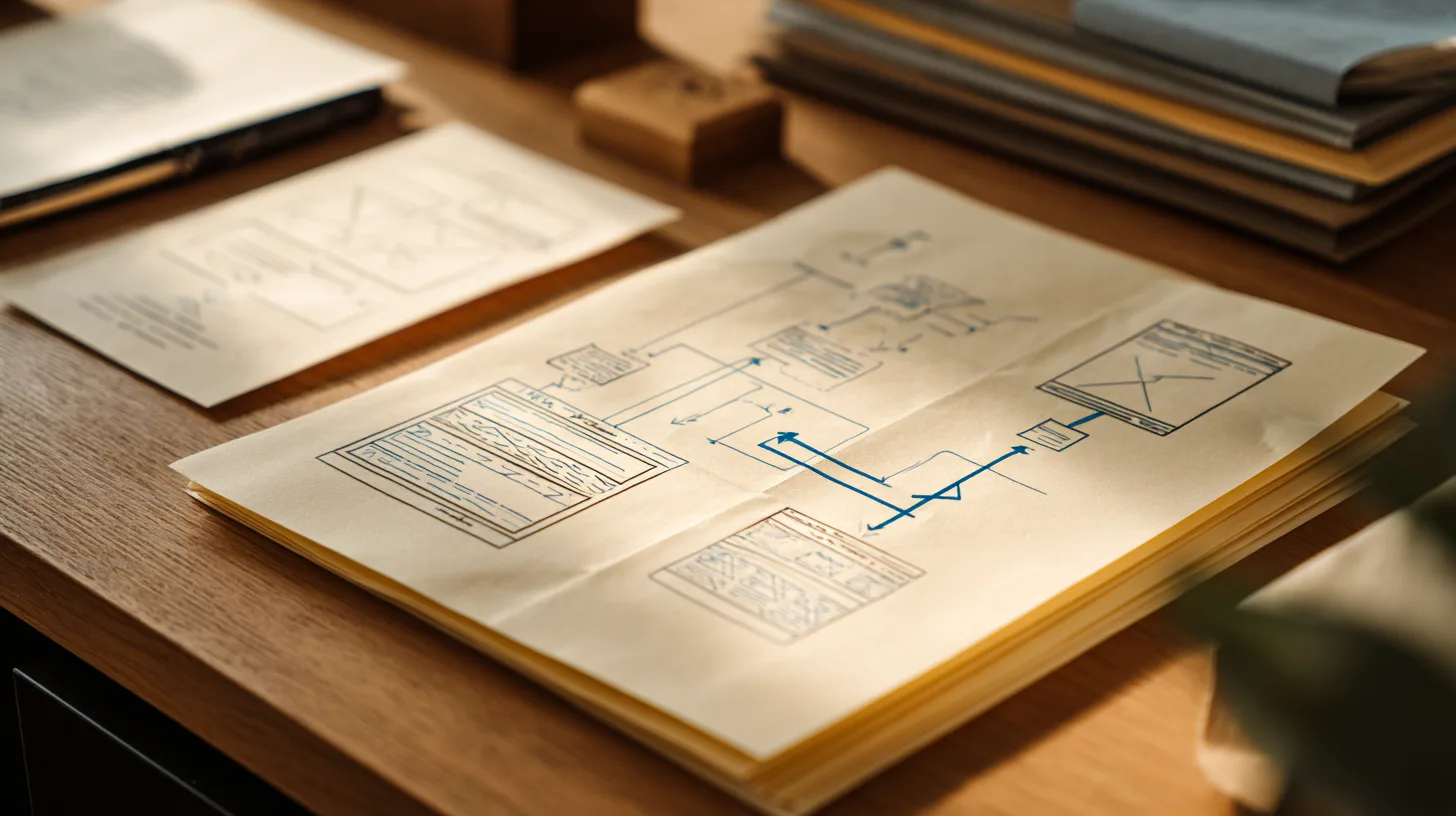 Hand-drawn website and workflow diagrams on a studio desk.