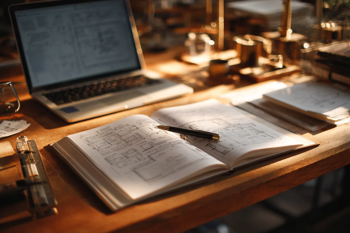 Precision workbench with notebooks, drawings, and technical instruments.