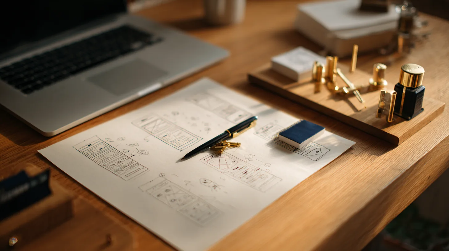 Detailed desk scene with website sketches, brass tools, and blue ink.