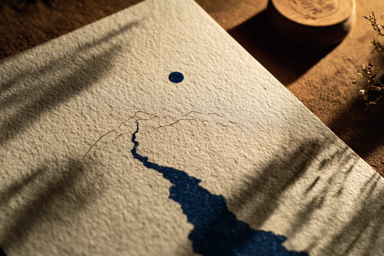 Textured paper with a deep blue ink mark referencing Krimisa heritage.